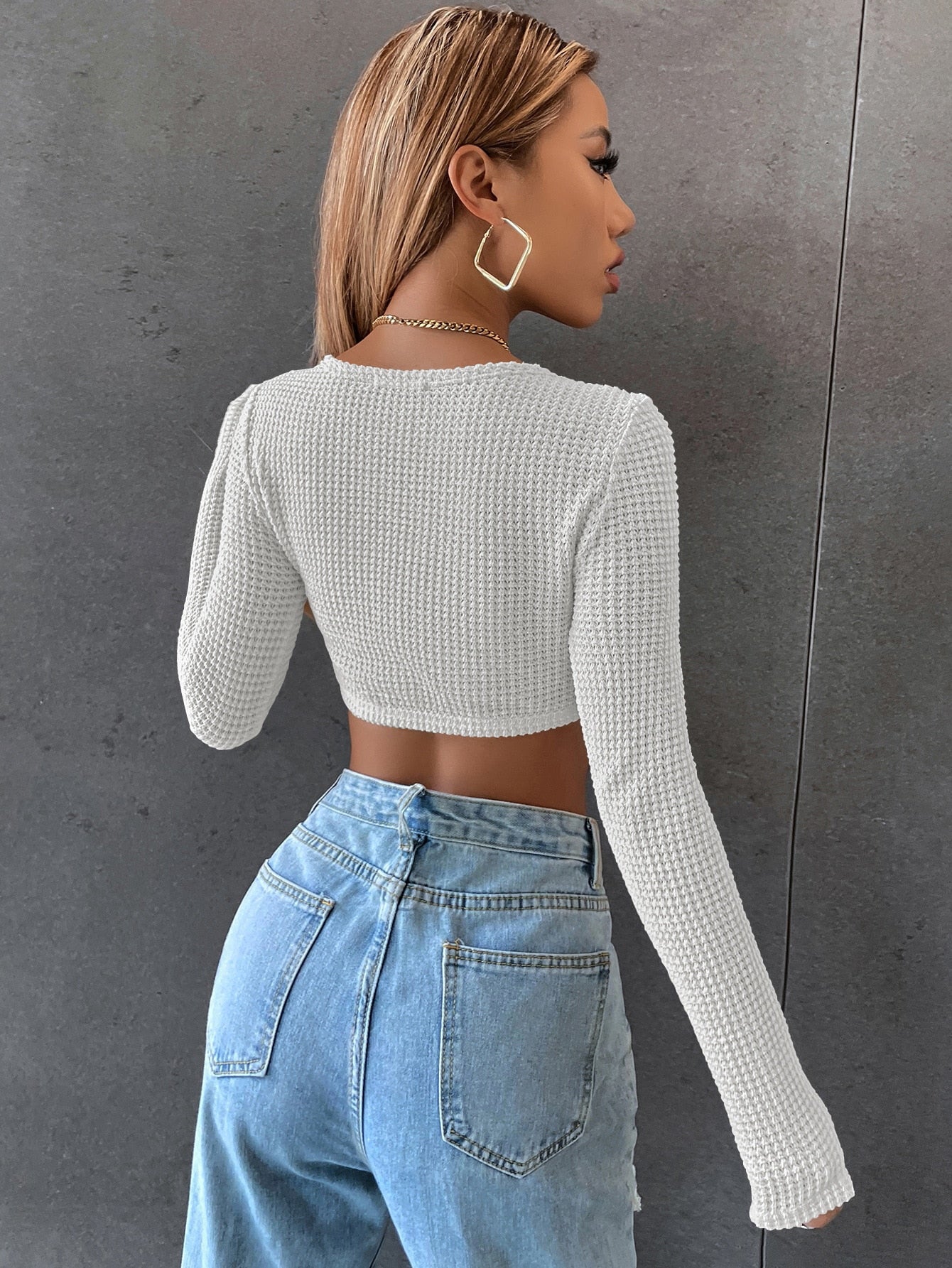 Long Sleeve Square Neck Knitted Crop Top Women Y2k T Shirts