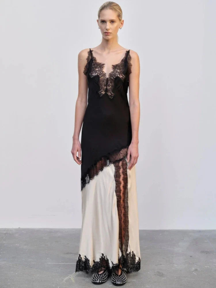 Sling VNeck Colorblock Backless Long Lace Dress