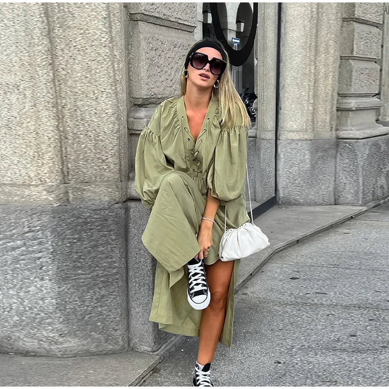 Casual Street Lace Up Long Dresses Women Chic Loose V neck Side Slit Solid Dress Female Summer Versatiel Street Party Robes