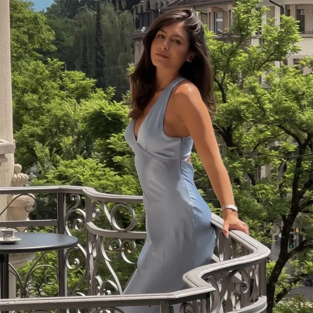 Slim Fit Vneck Hollow Silk Satin Dress
