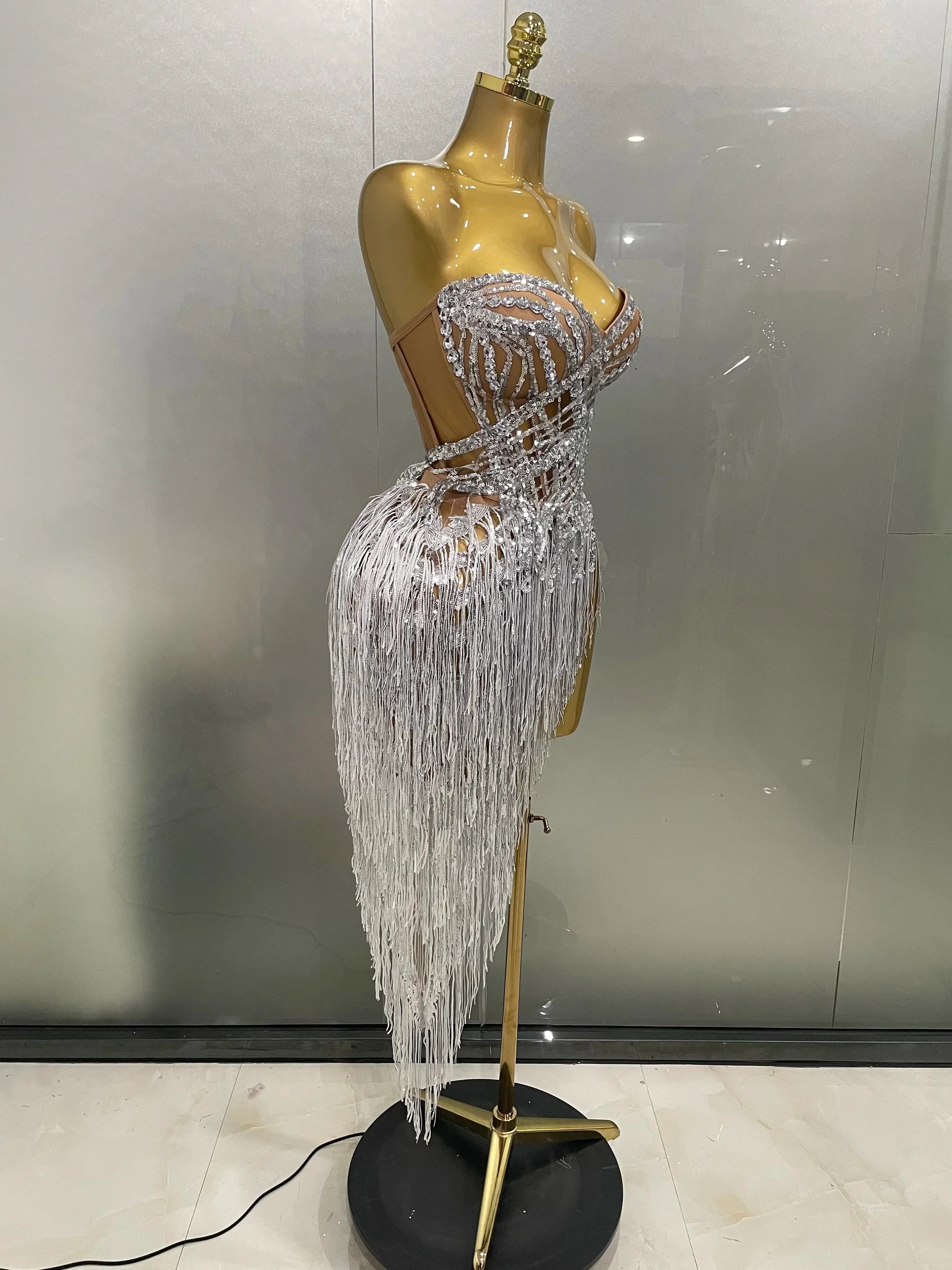 Sparkly Rhinestone Sequin Tassel Sexy Mini Skirt Two Pieces Set Women Birthday Celebrate Party Nightclub Stage Costume