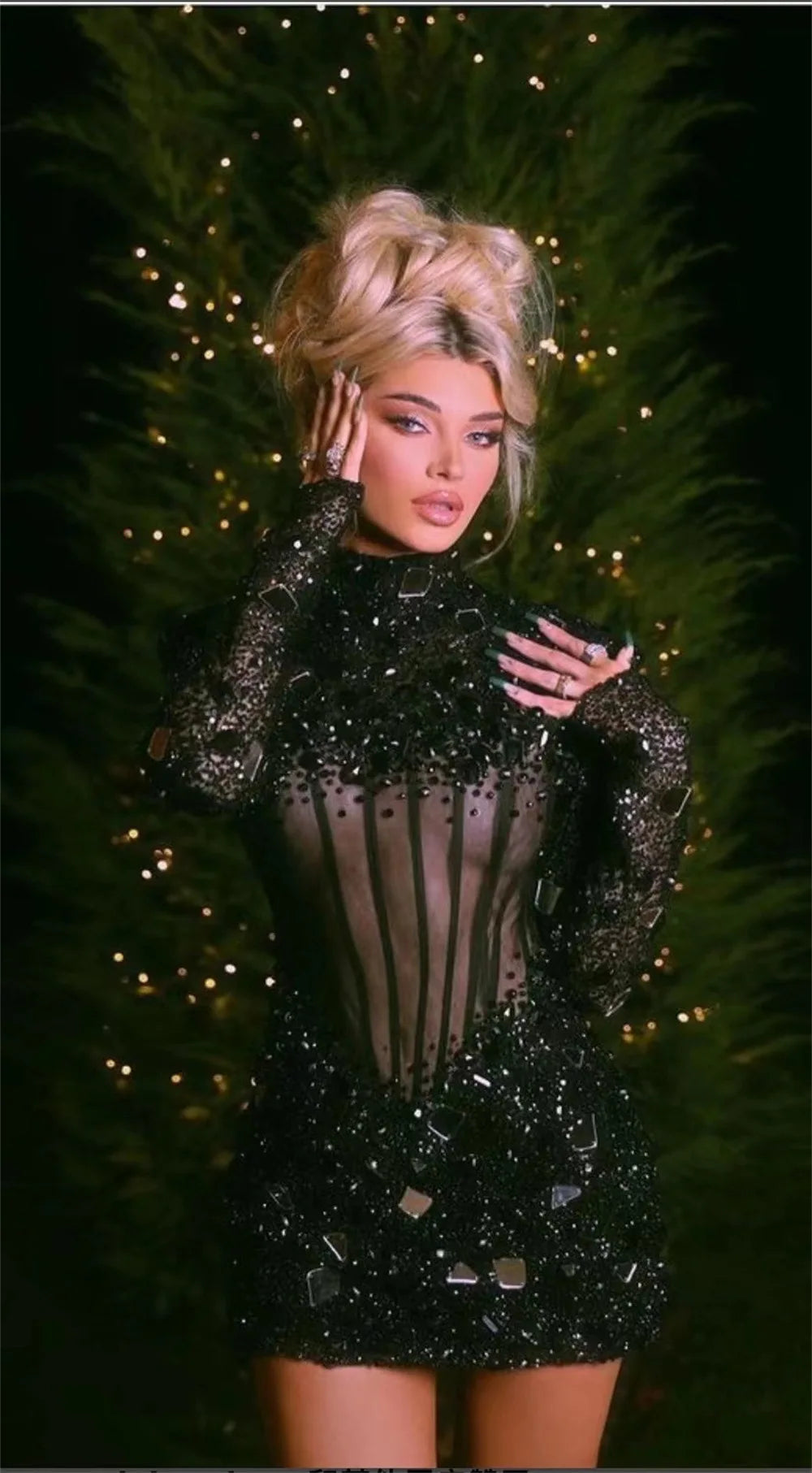 Black Color Fashionable Rivet Shining Sequins Sexy Mesh See Through Bodycon Mini Dress Cool Sexy Woman Party Vestido Club Outfit