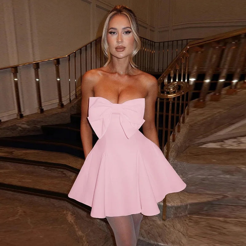 Strapless Bow Ruffle Elegant Gothic Mini Dress