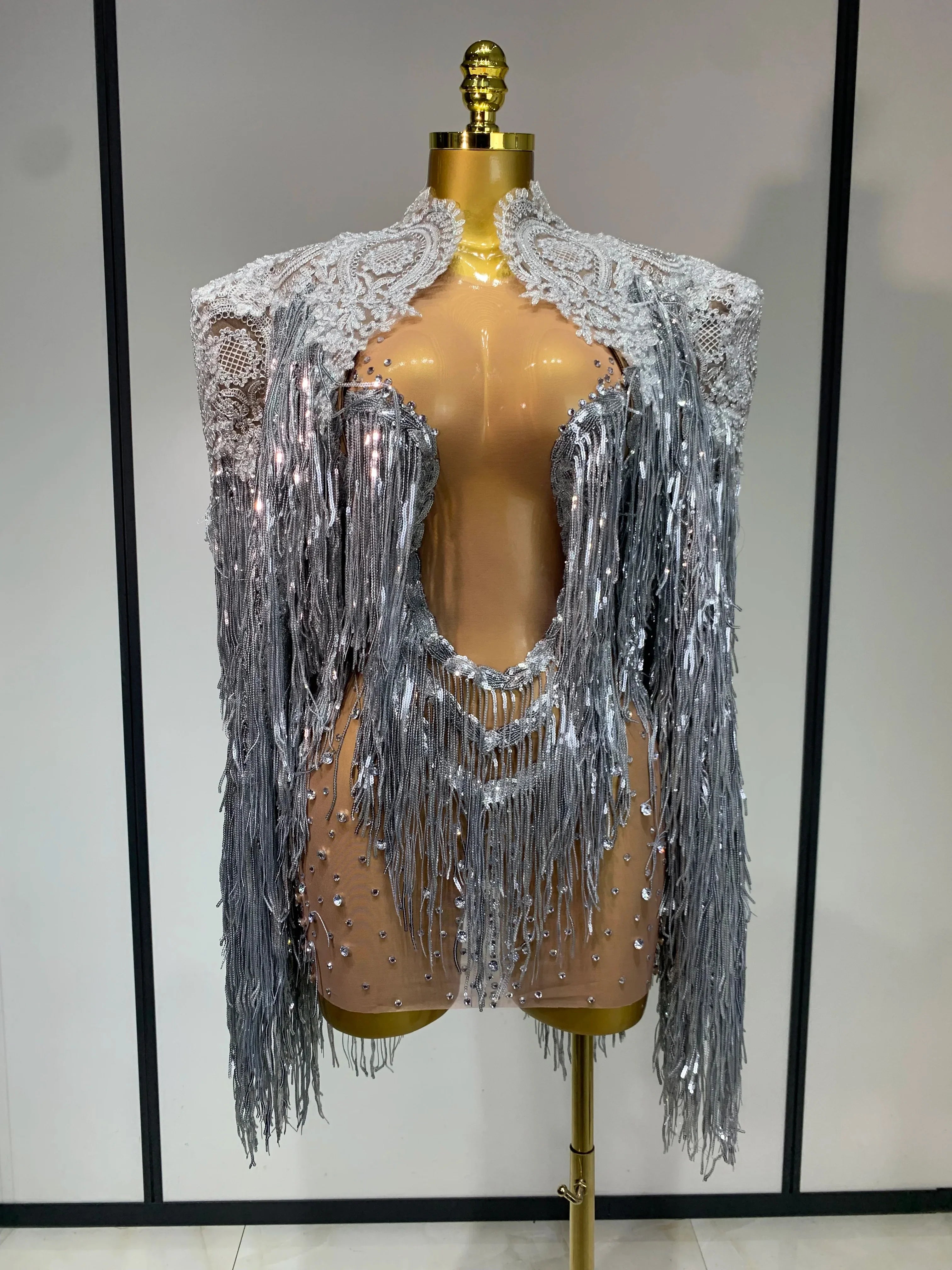 Women Sexy Transparent Long Sleeve Bodycon Dress Two Piece Set Luxury Sequin Fringes Evening Party Celebrity Performance Costume Silver