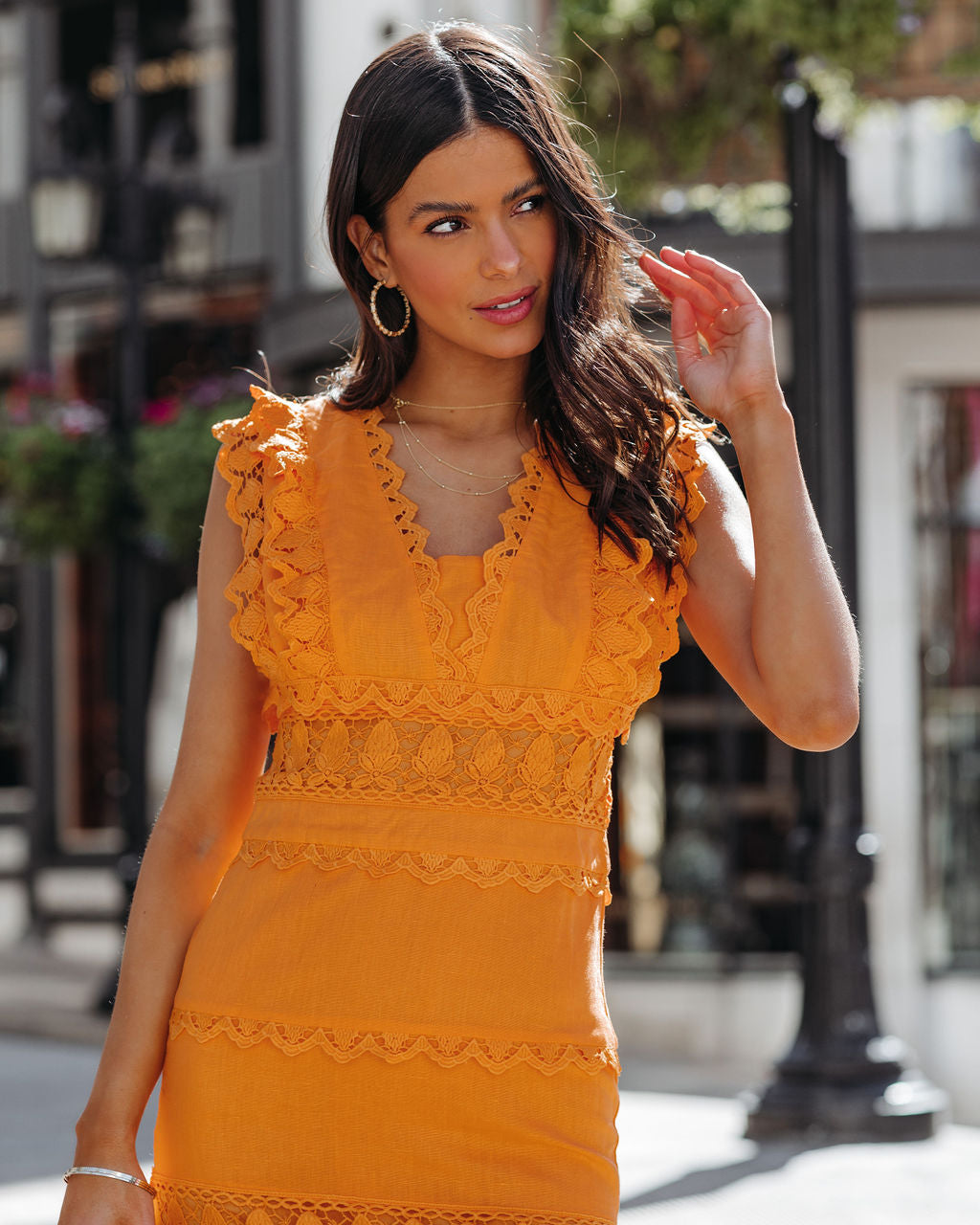 Sacha Cotton Linen Crochet Tiered Midi Dress Tangerine