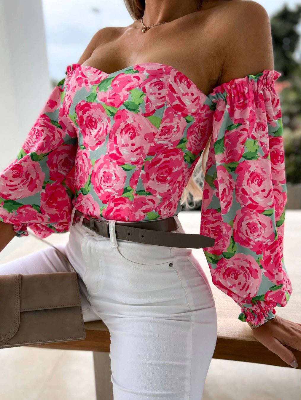 Women Top Summer Off Shoulder Floral Blouses Holiday Slash Neck Tops
