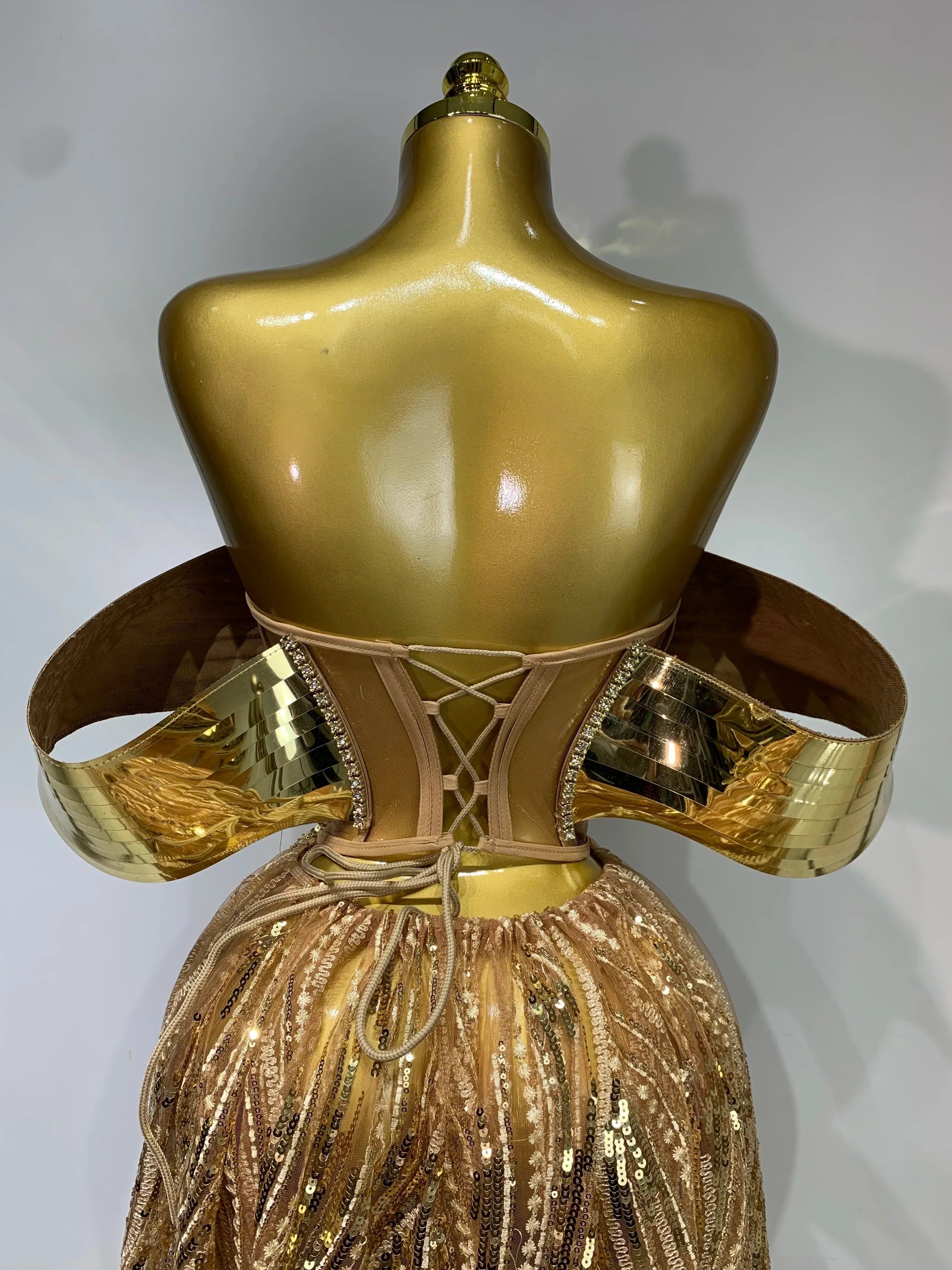 Sparkly Gold Long Dress Luxury Rhinestone Sequins See Thourgh Birthday Gown Sexy Off Shoulder Performance Singer Costume