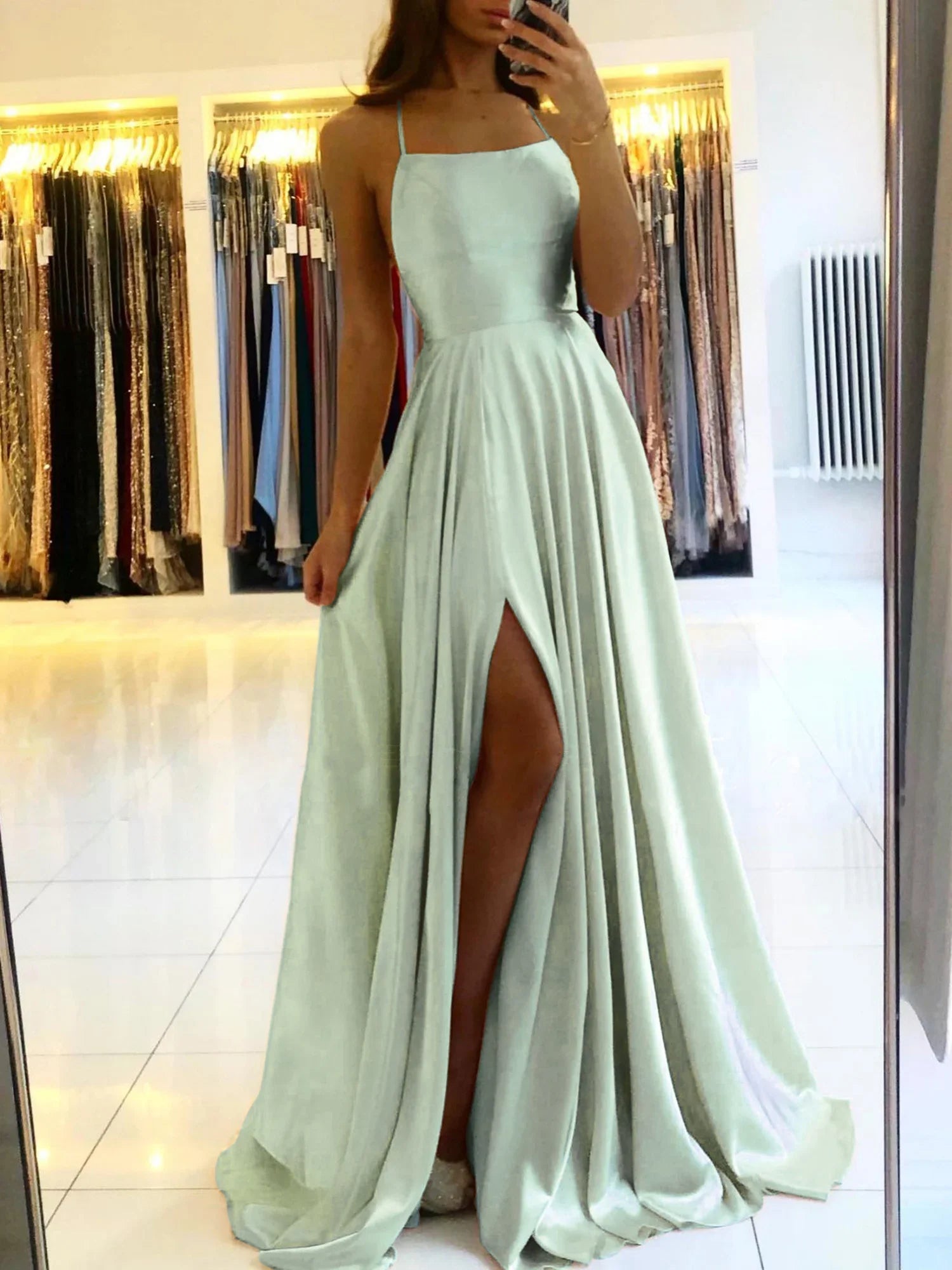 Blue Satin Spaghetti ALine Prom Dress