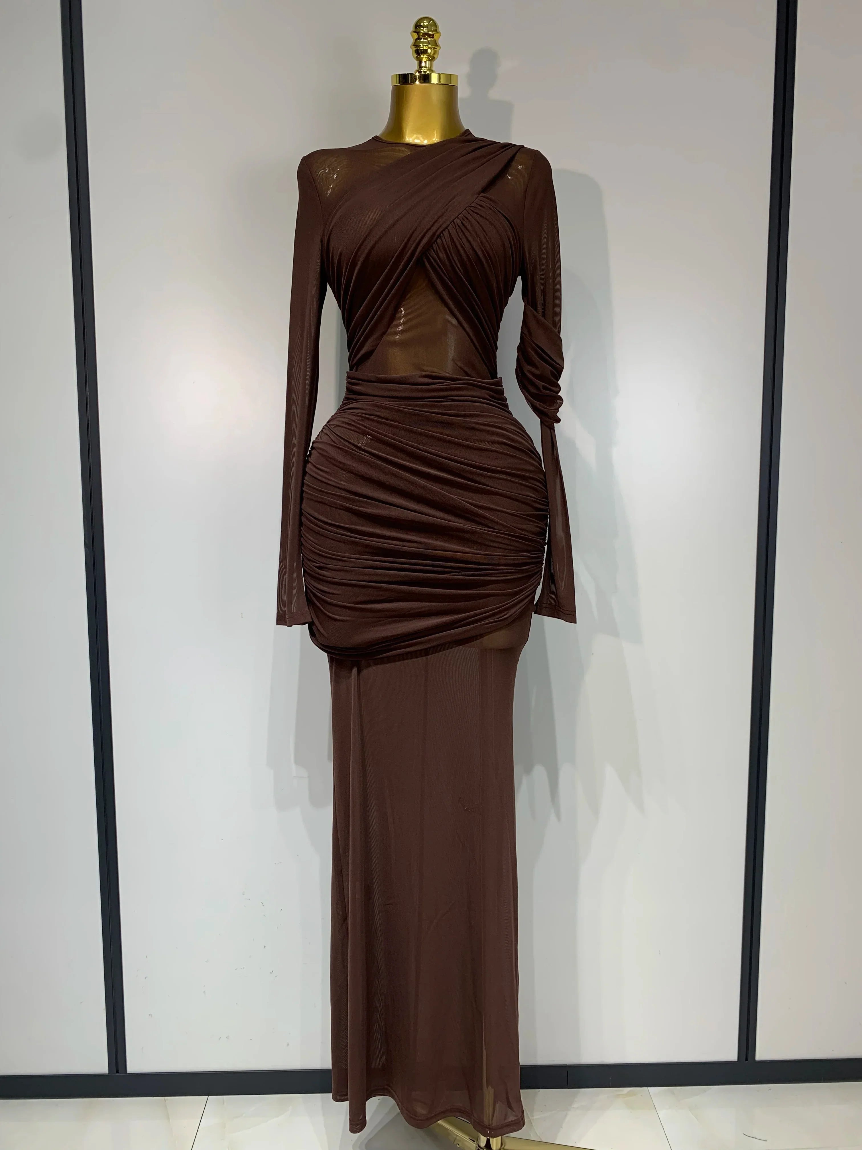 Elegant Brown Mesh Fold Long Sleeve Bodycon Dress Women Evening Party Club Sexy Perspective Fashion Luxury Birthday Dresses Dark Brown