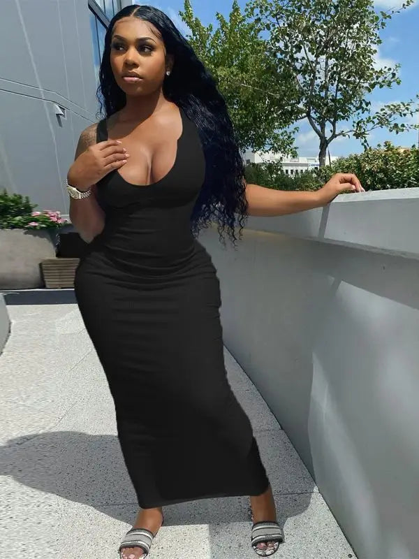 Ribbed Stripe Sleeveless Vneck Midi Dress