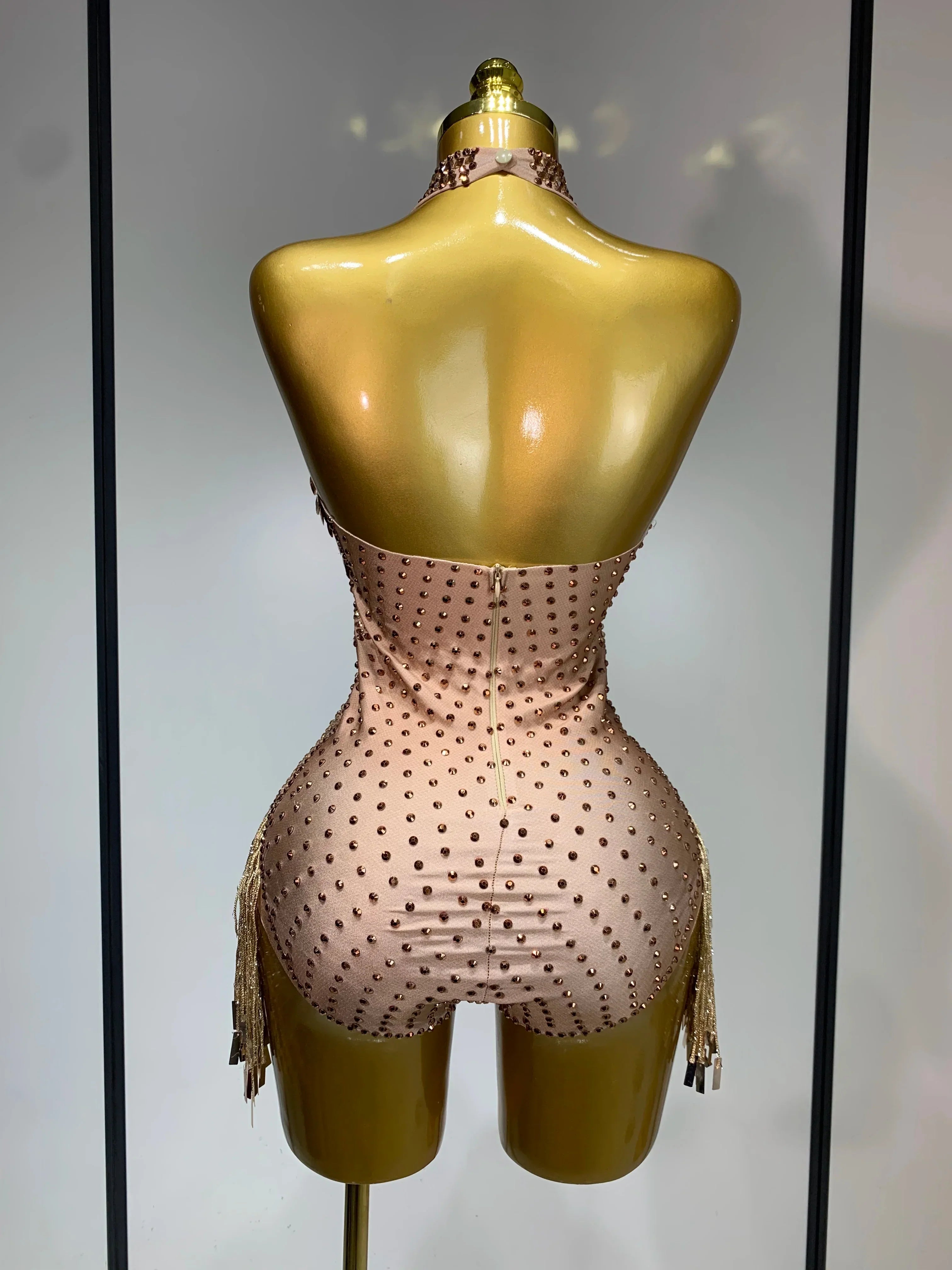 Luxury Sparkly Rhinestones Tassels Sequins Bodysuit Women Sexy Halter Backless Stage Performance Costume Club Birthday Outfit