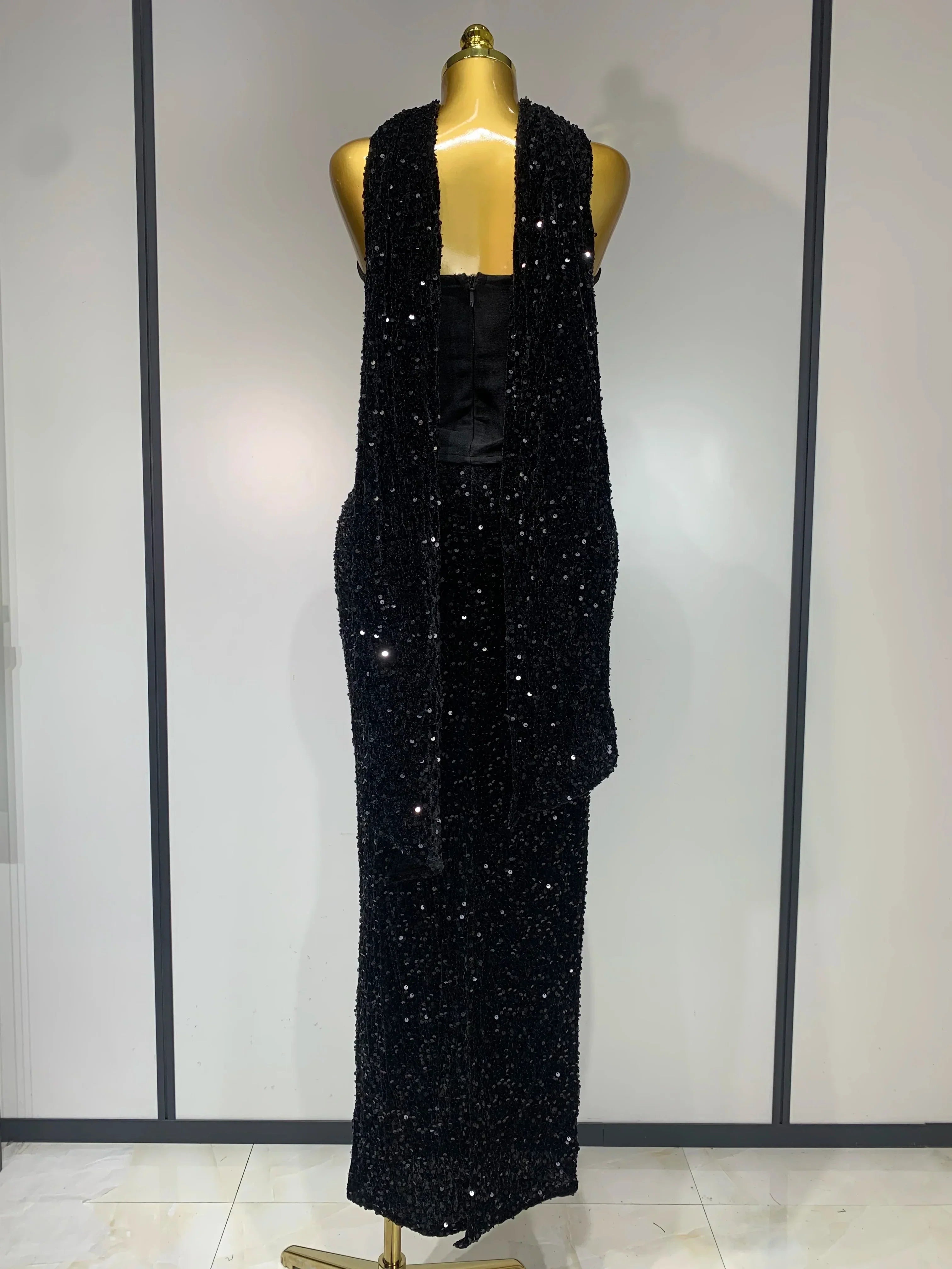 Women Sexy Strapless Sequin Black Maxi Long Bandage Three Piece Set Knitted Elegant Evening Club Party Birthday Prom Gowns