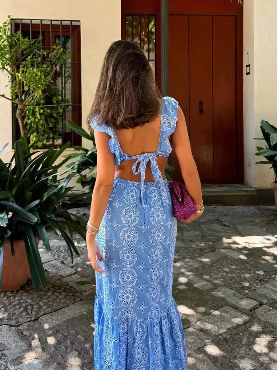 Blue Hollow Out Embroidered Midi Dress Women Summer V Neck Sleeveless Ruffle Long Dresses Elegant Fashion Holiday Vestidos