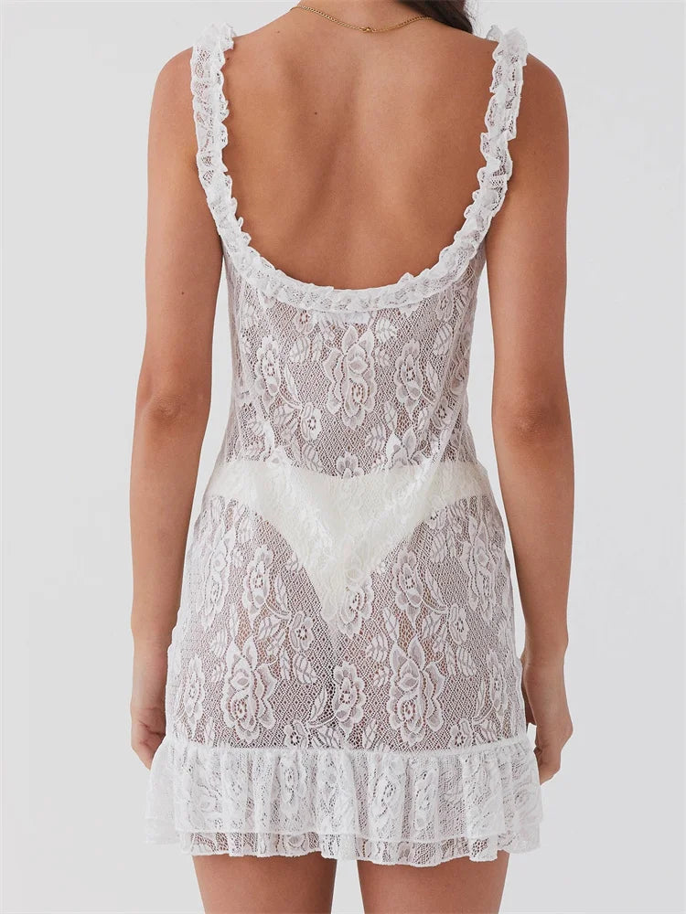 Vneck Backless Lace Slim Fit Mini Dresses