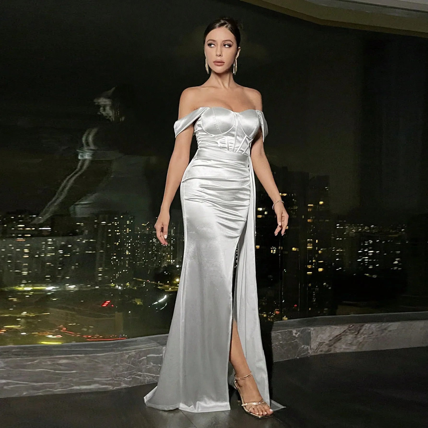 Off Shoulder Satin Mermaid Maxi Dress