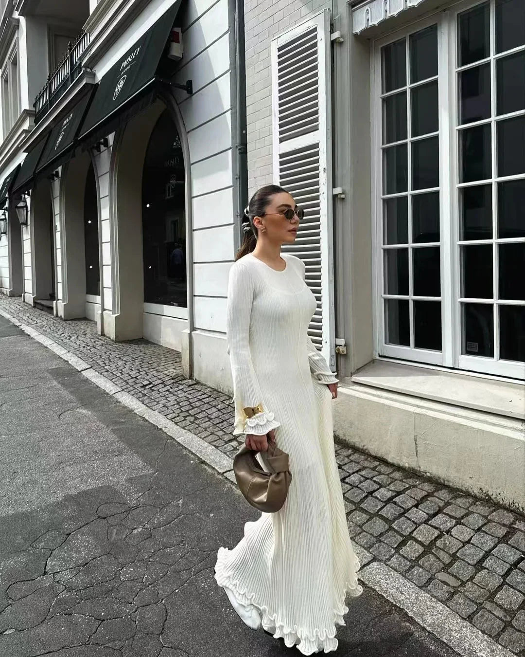 Autumn Ladies Elegant Flared Sleeve Knitted Dress Women Fashion Crew Neck White Slim Robes Summer Female Party Dresses