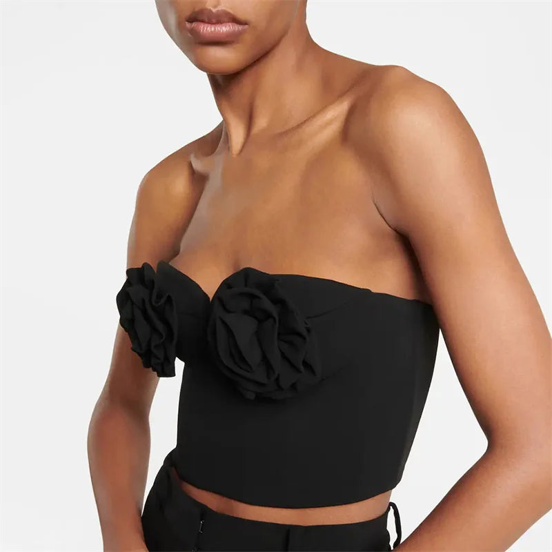 Stylish Sexy Woman Item Stereoscopic Flowers Strapless Top Summer Party Music Festival Vestido Holiday Vocation Outfit