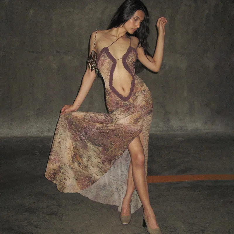 Hollow Out Printed Patchwork Laceup Slip Dress
