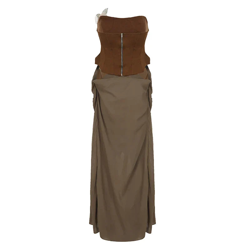 Sexy Women Butterfly Detail Strapless Long Dress Aesthetic Chic Detachable Corset Top Vintage Elegant Maxi Dresses