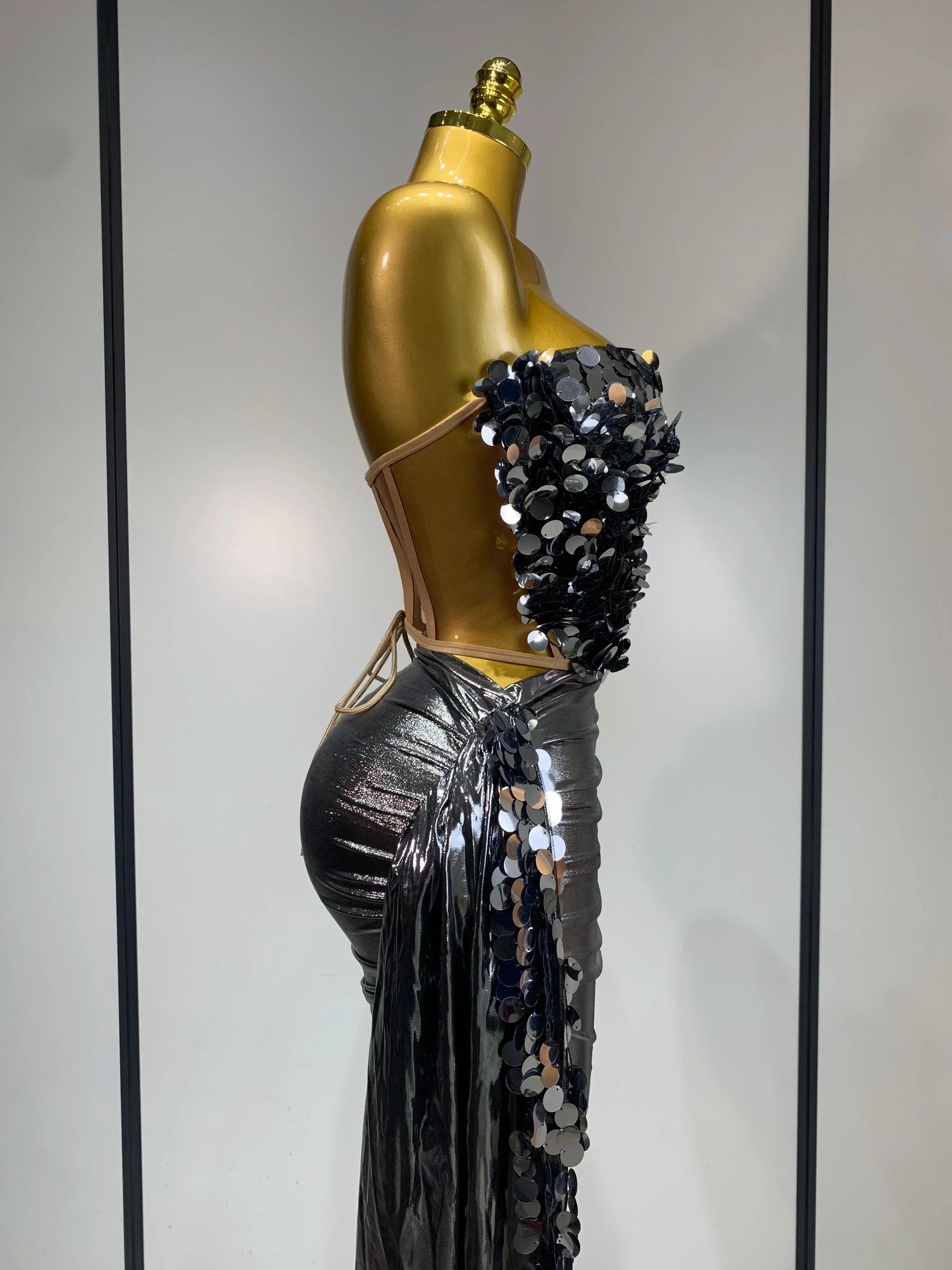 Sparkly Sequin Two Piece Set Sexy Strapless Backless Women's Outfit Evening Party Nightclub Stage Performance Dance Costume