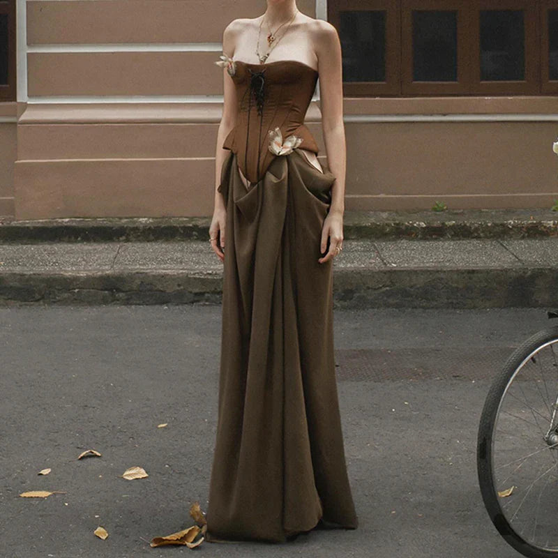 Sexy Women Butterfly Detail Strapless Long Dress Aesthetic Chic Detachable Corset Top Vintage Elegant Maxi Dresses