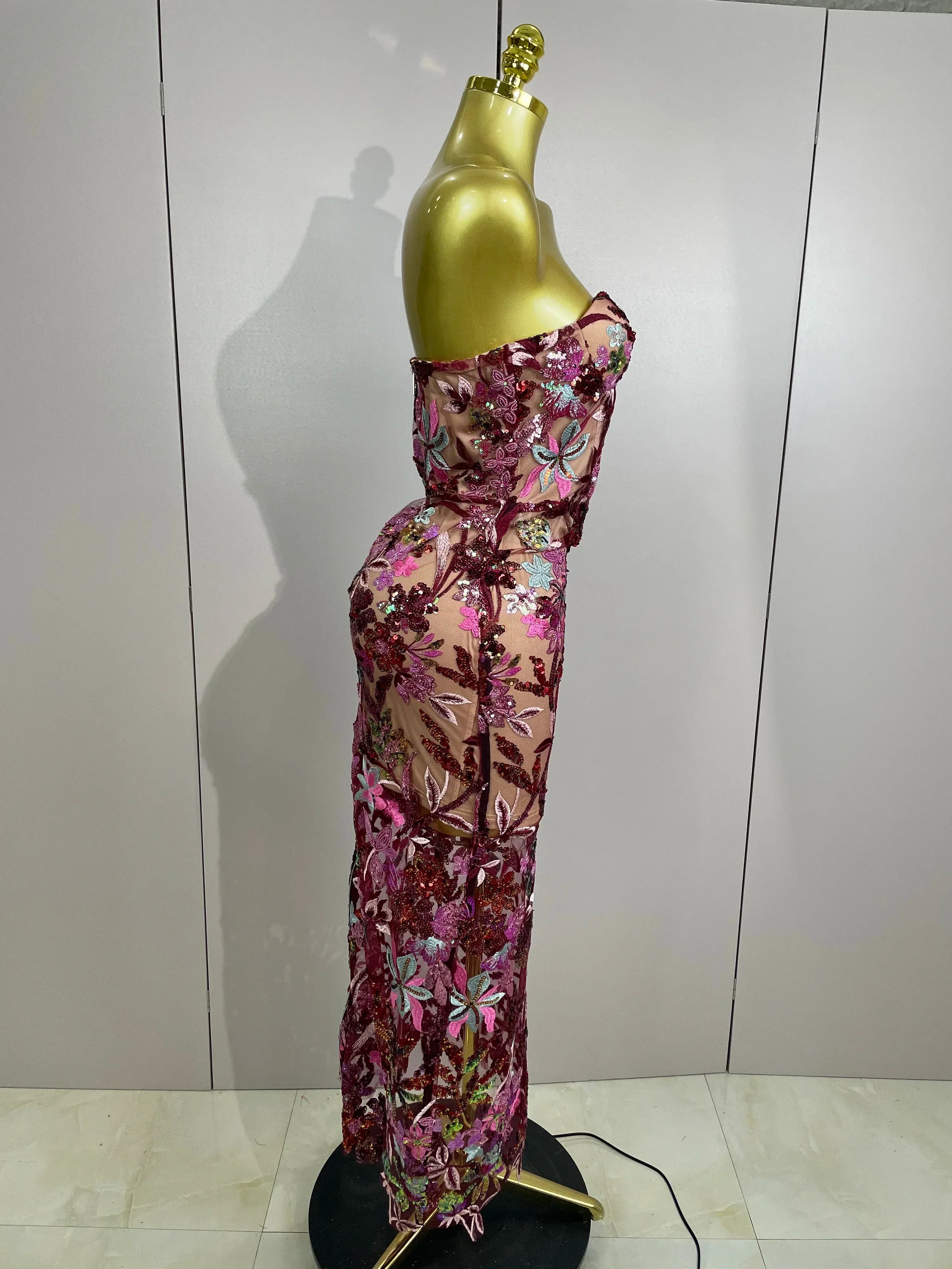 Sexy Strapless Floral Sequin Long Dress Women Sequins Flower Backless Long Slim Dress Evening Party Runway Gown Dress
