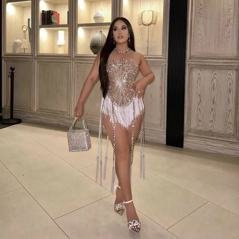Women Sexy Mesh Shinning Sequins Tassel Bodycon Bodysuit Nightclub Party Birthday Performance Costume Stage Wear Silver