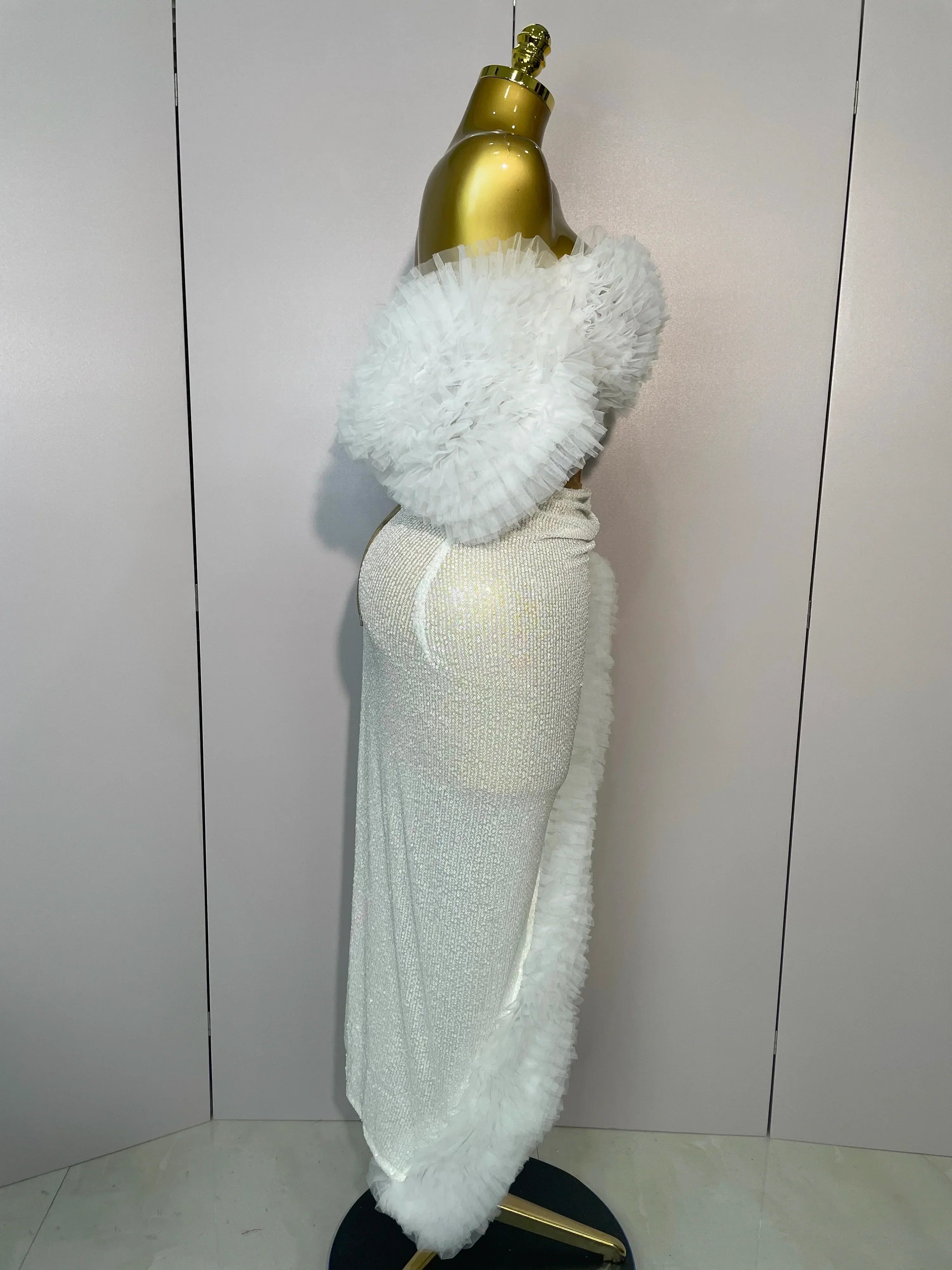 Women White Sequins Top Short Skirt Two Pieces Set Sexy Celebrate Evening Prom Birthday Dress Nightclub Stage Outfit