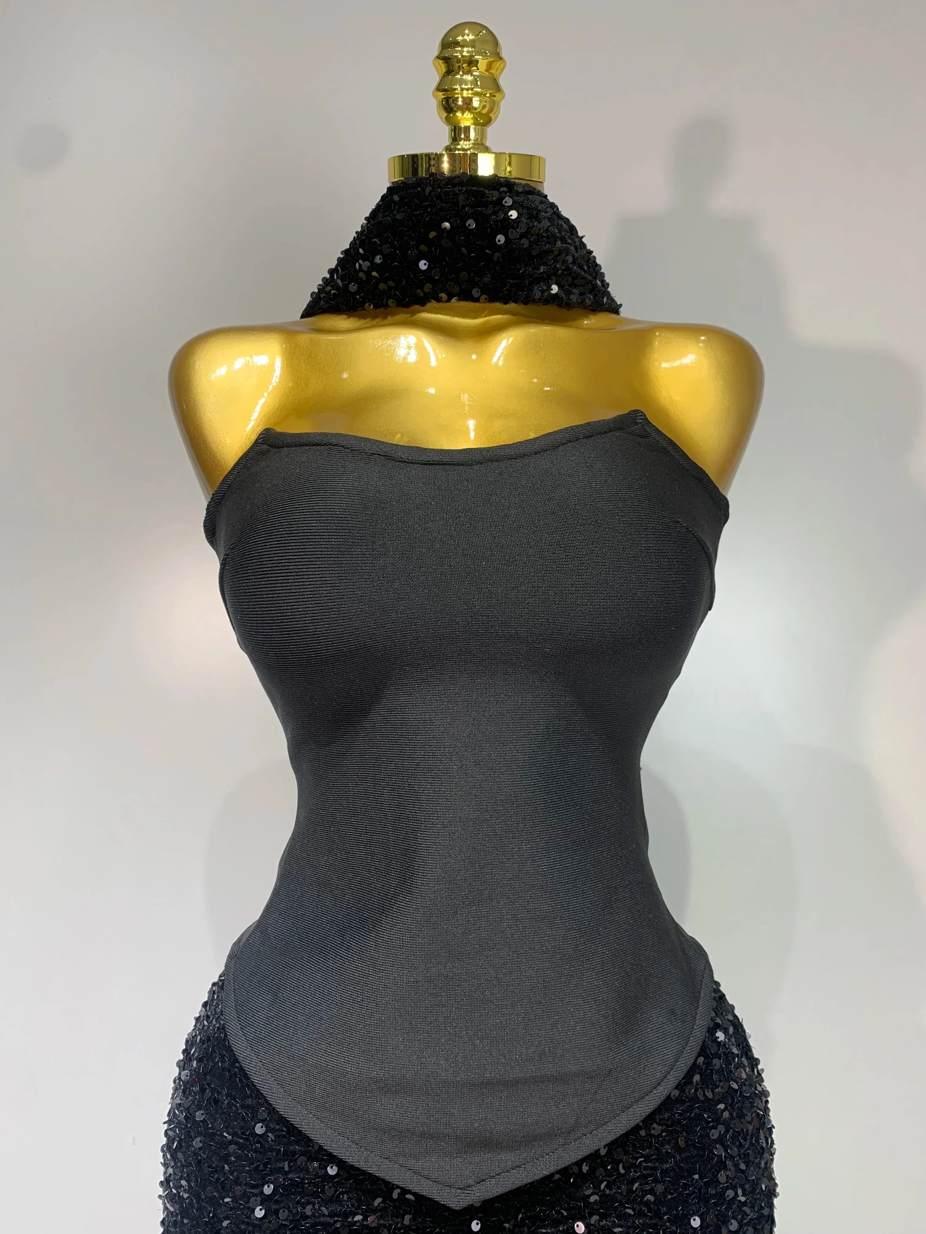 Women Sexy Strapless Sequin Black Maxi Long Bandage Three Piece Set Knitted Elegant Evening Club Party Birthday Prom Gowns