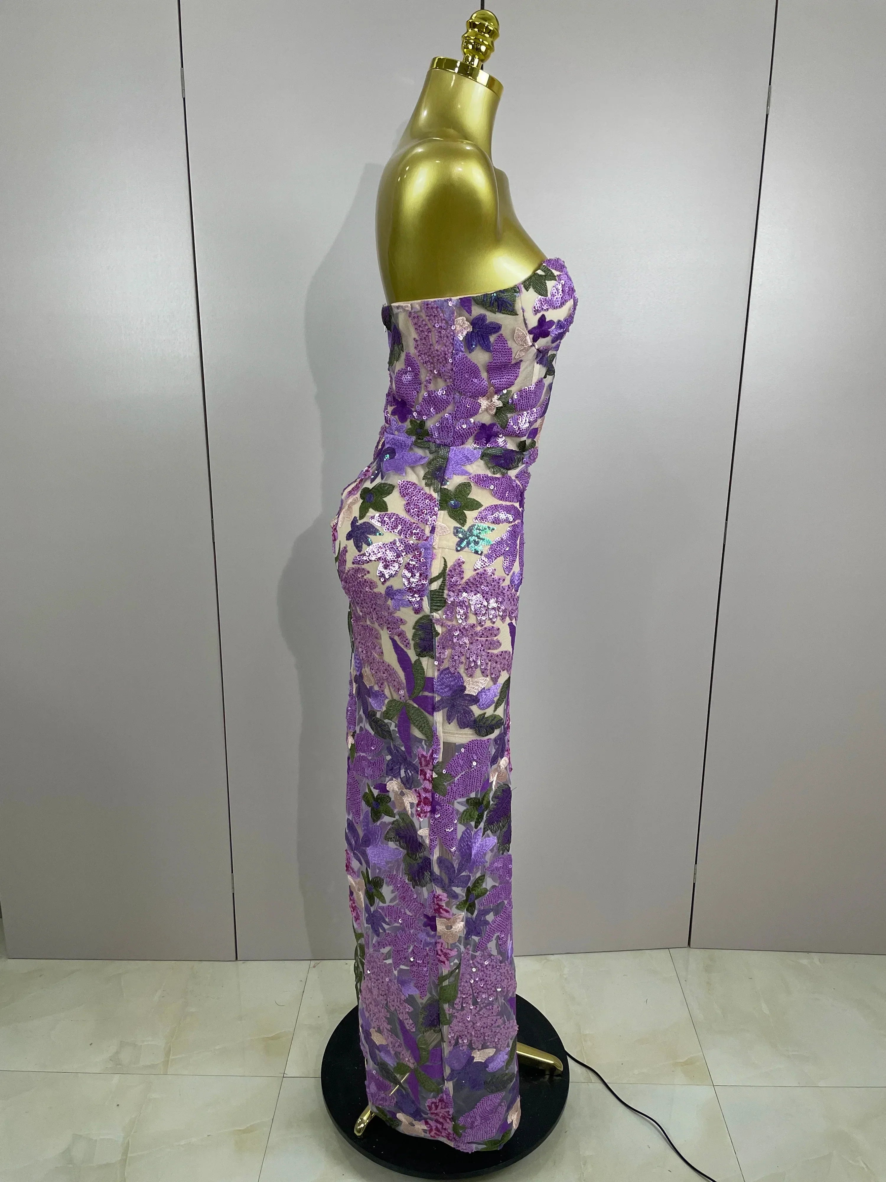 Sexy Strapless Floral Sequin Long Dress Women Sequins Flower Backless Long Slim Dress Evening Party Runway Gown Dress