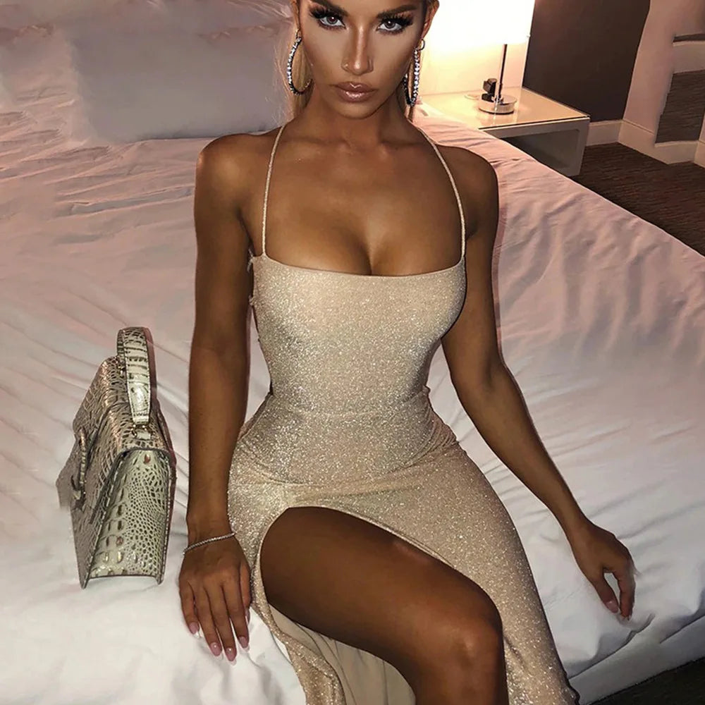 Diamond LowNeck Backless Lace Up Slip Dress