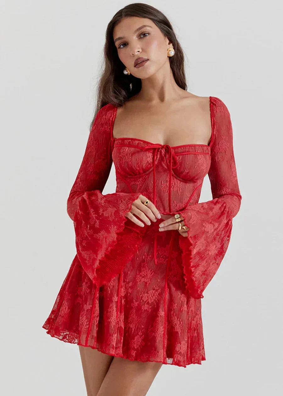 Self Tie Lace Long Sleeve Dress Vibrant Red