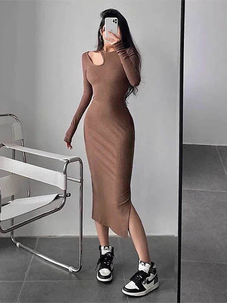 Cut Out Oneck Long Sleeve Solid Casual Midi Dresses