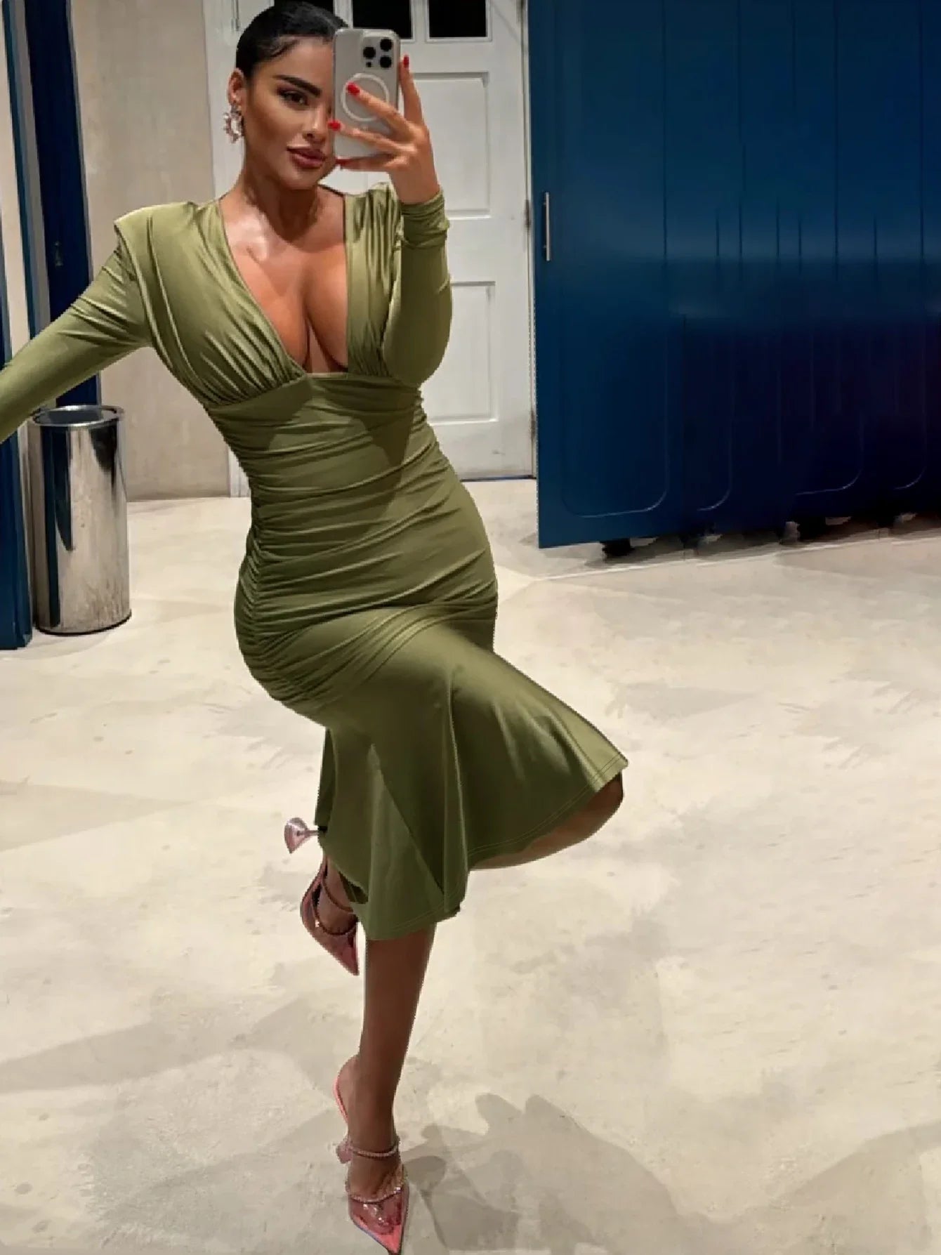 Ruched Vneck Sleeve Bodycon Midi Dress