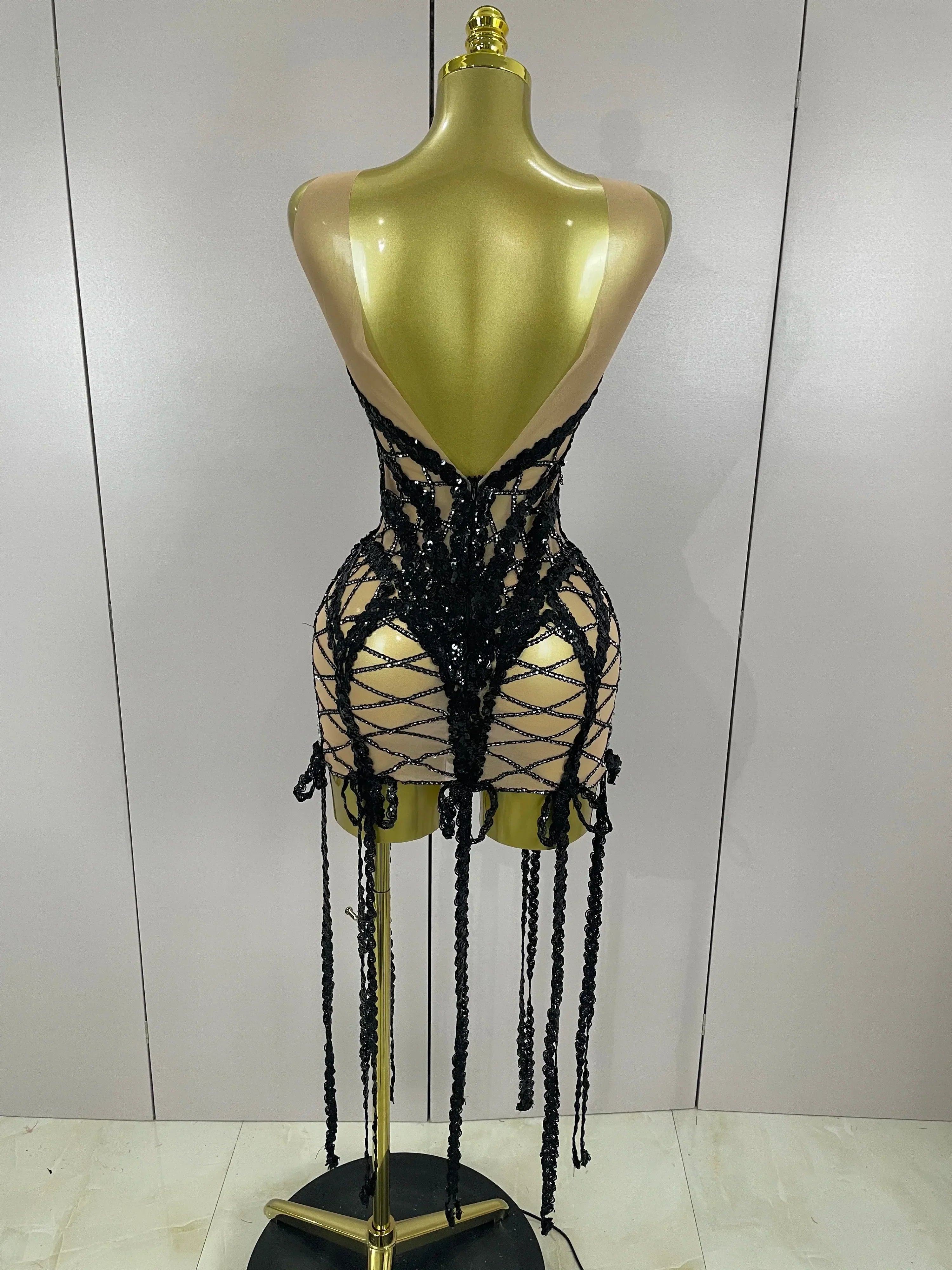 Sparkle Sequins Embroider Diamonds Sleeveless Long Tassel Mini Dress Women Celebrate Evening Birthday Dress Stage Costume