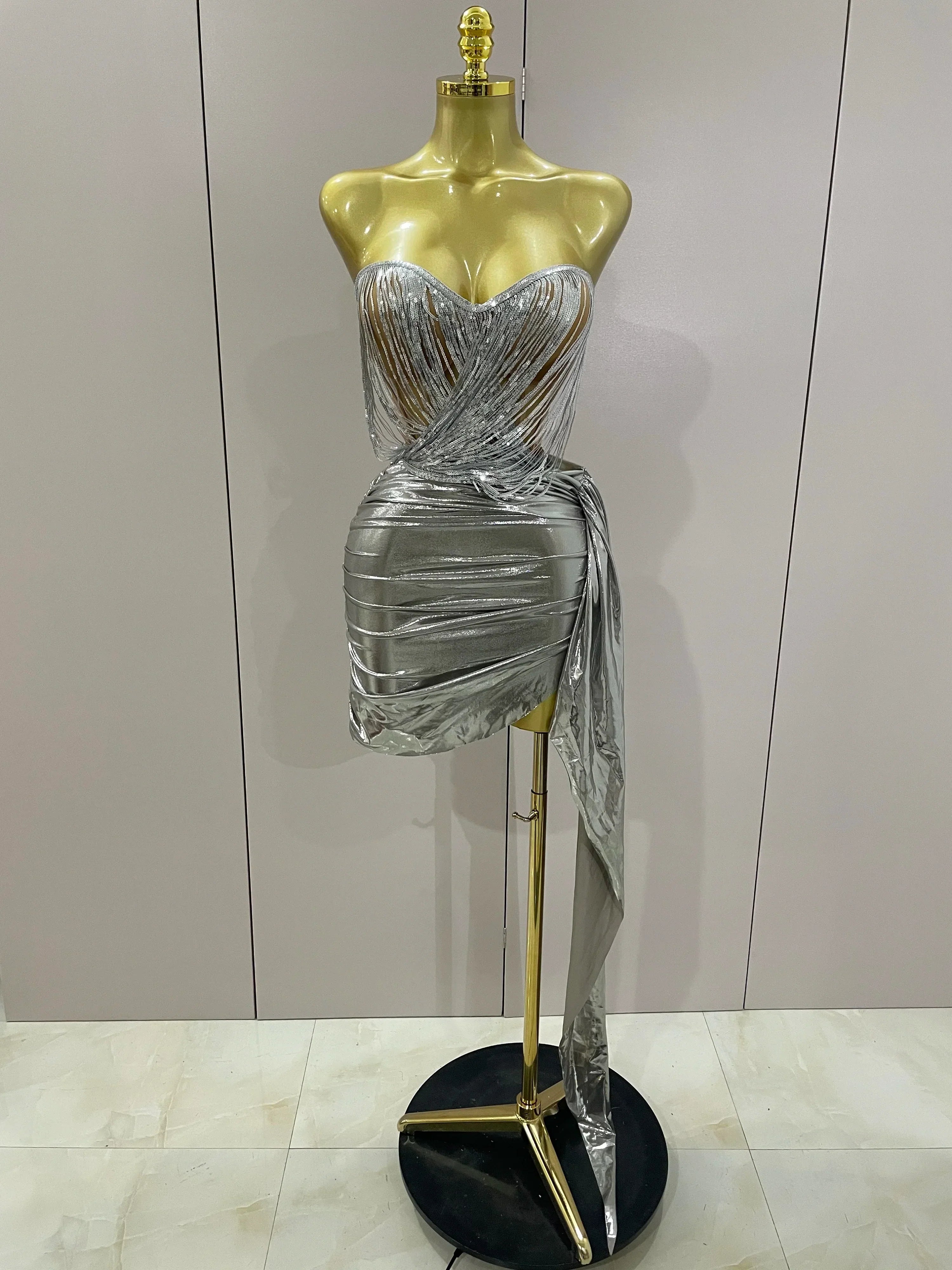 Sexy Strapless Sequin Top Short Skirt 2 pcs Set Women Party Celebrate Nightclub Singer Performance Stage Outfit Silver