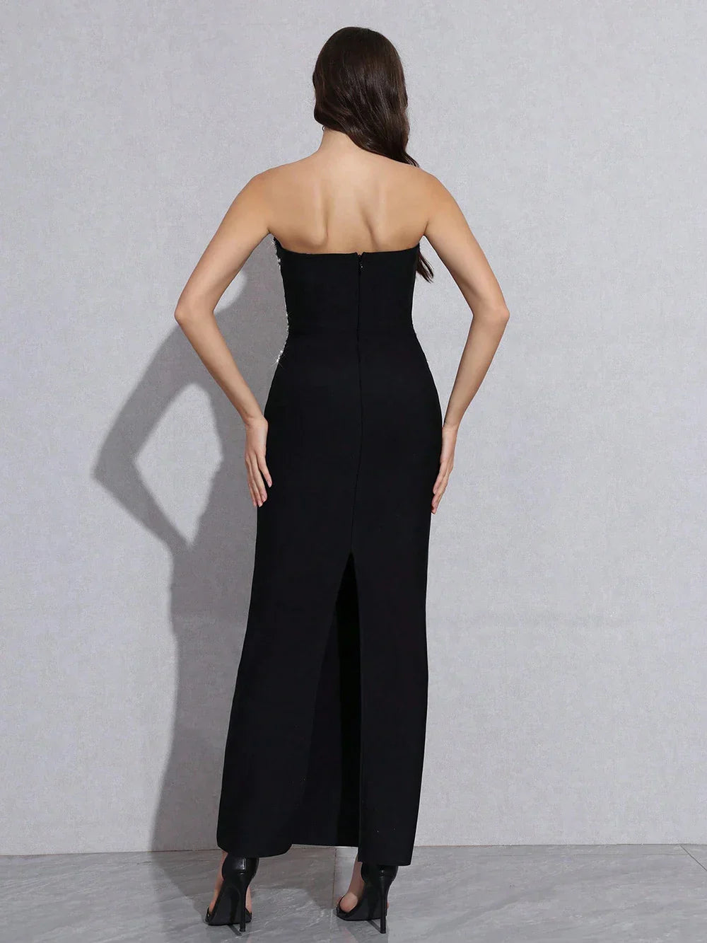 Sexy Strapless Diamond Sequin mesh Patchwork Bodycon Bandage Long Dress Women Fashion Celebrate Evening Party Gowns