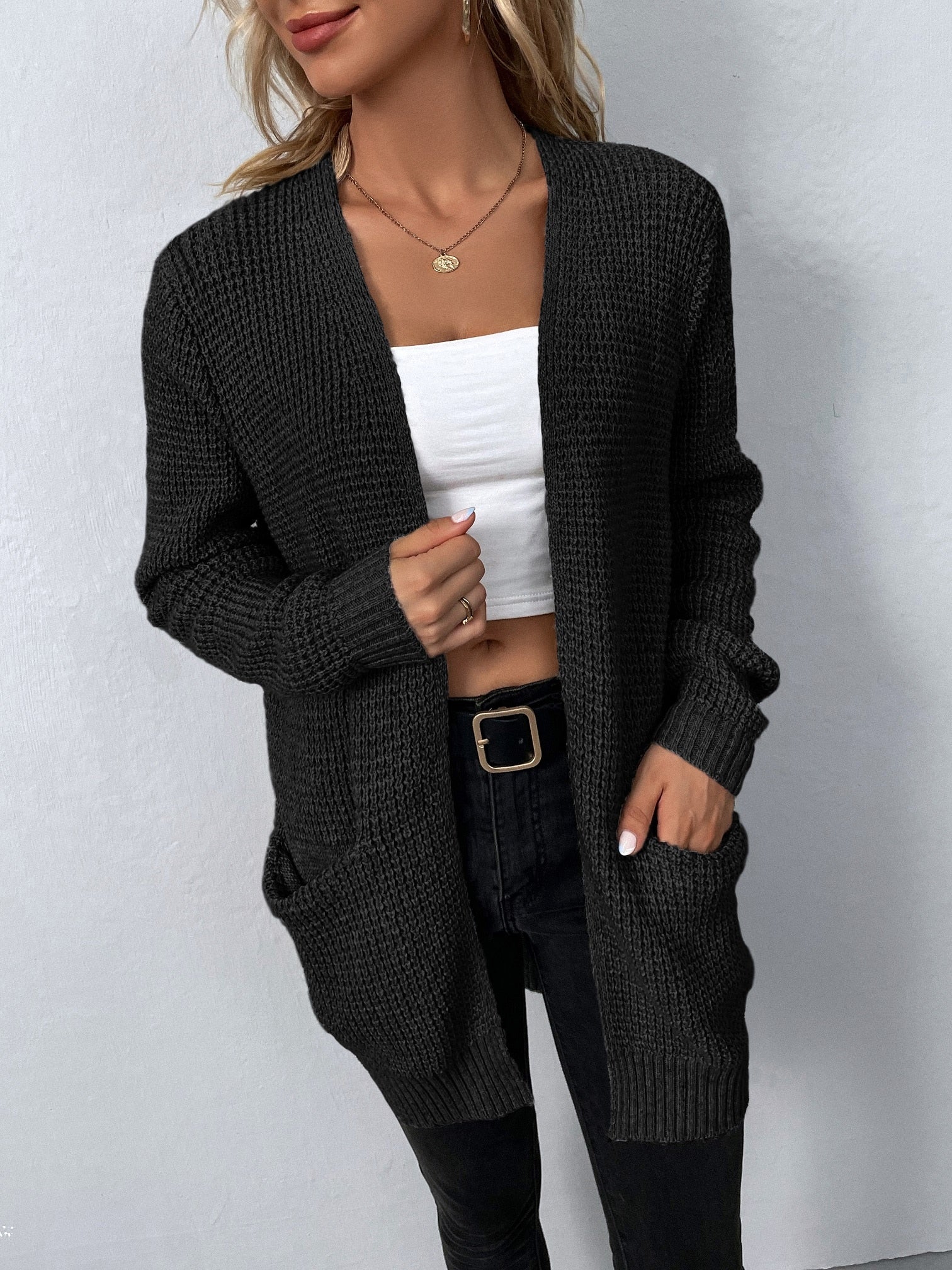 Solid Color Pockets Long Cardigan