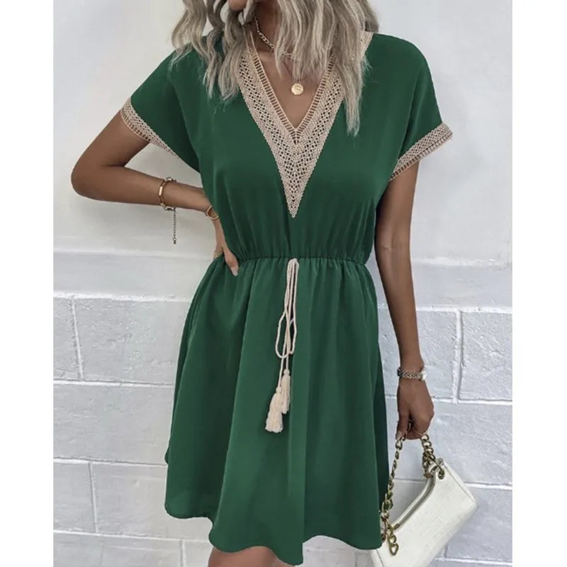 Lace VNeck Panel Short Sleeve Midi Dress