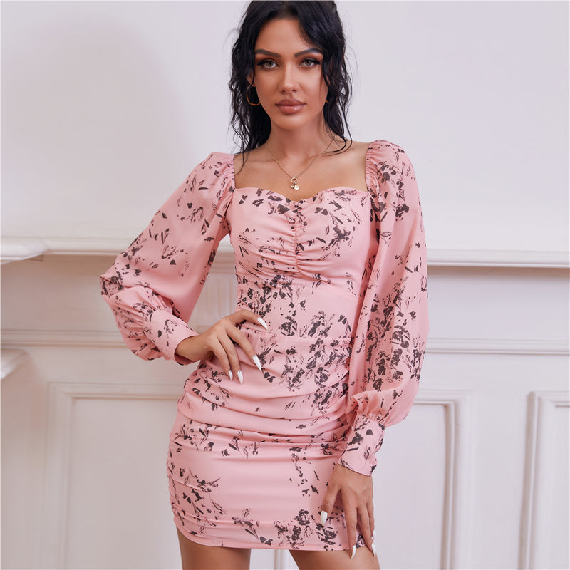 Square collar puff sleeve floral print dress