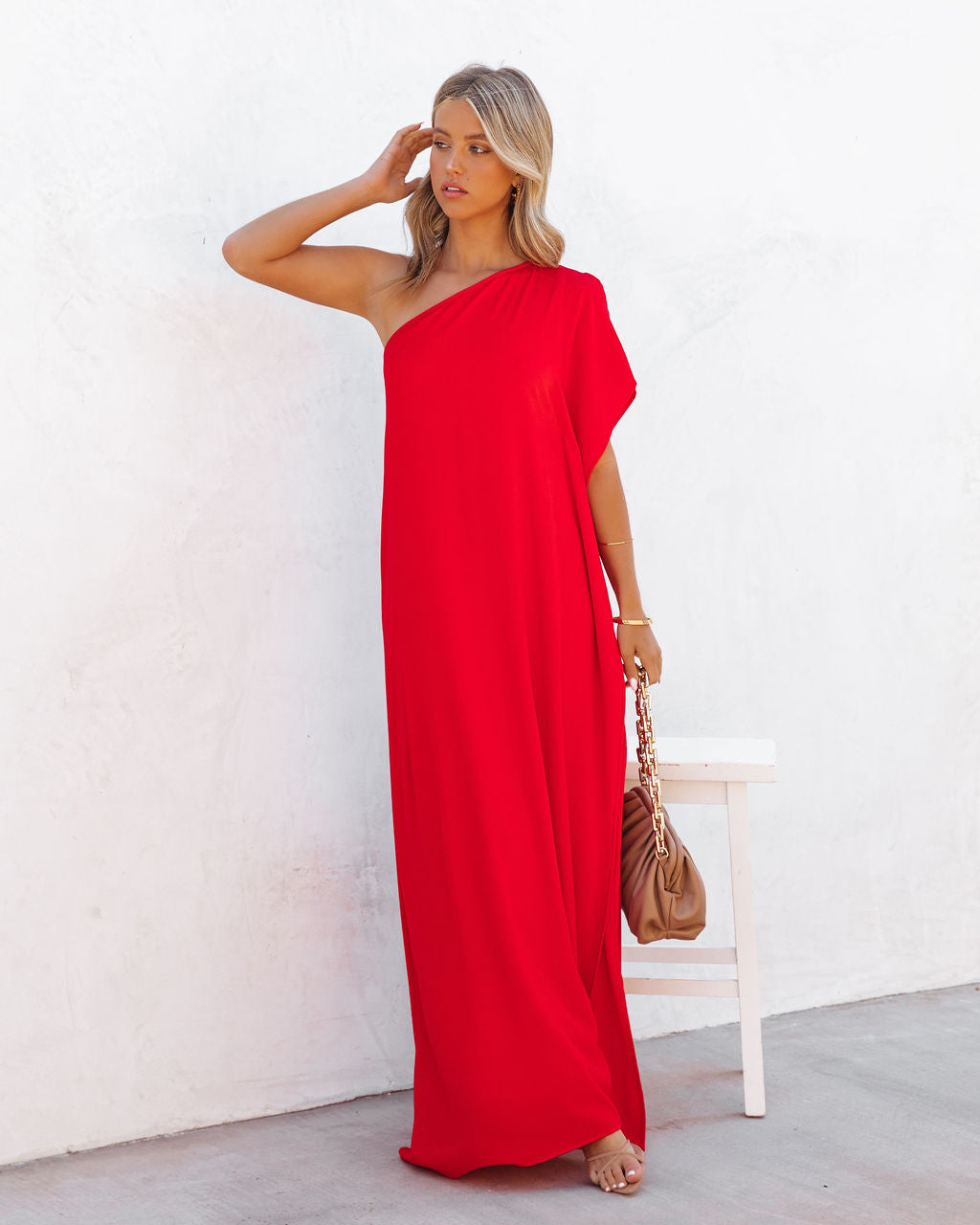 Strike A Pose One Shoulder Statement Maxi Dress Tomato Red