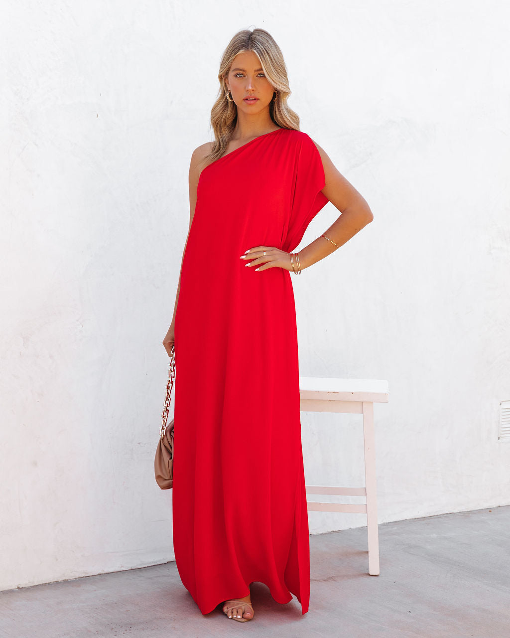 Strike A Pose One Shoulder Statement Maxi Dress Tomato Red