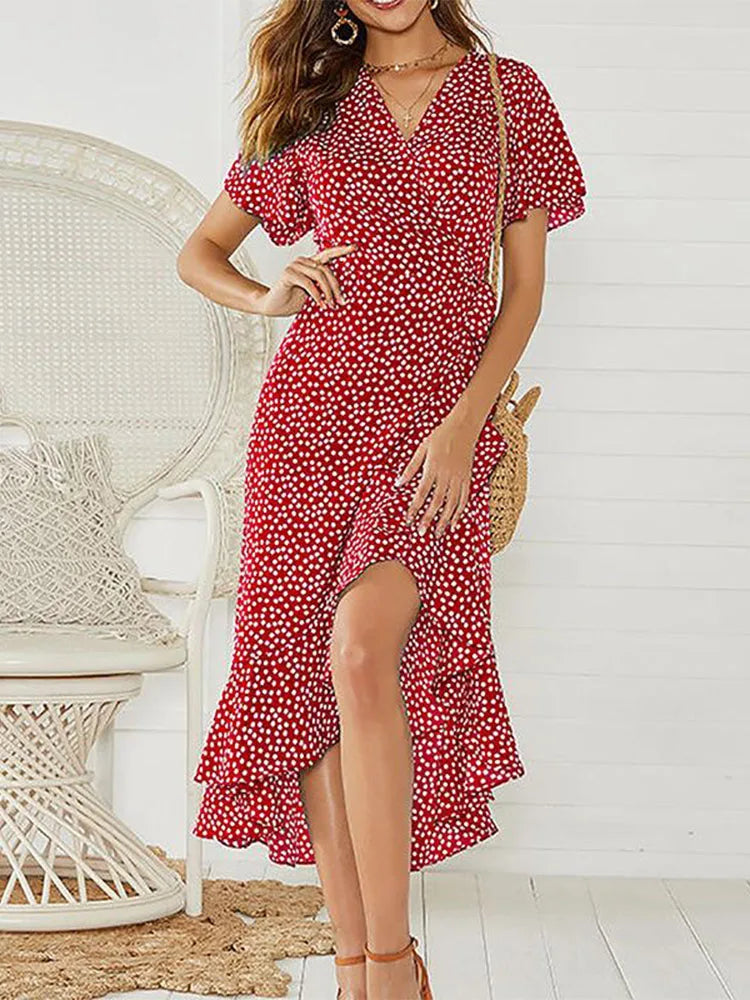 Summer Beach Floral Boho Chiffon Ruffles Wrap VNeck Split Robe Femme Midi Dresses