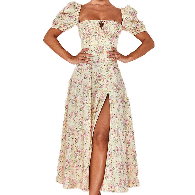 Summer Short Puff Sleeve Flroal Printed Party Dress