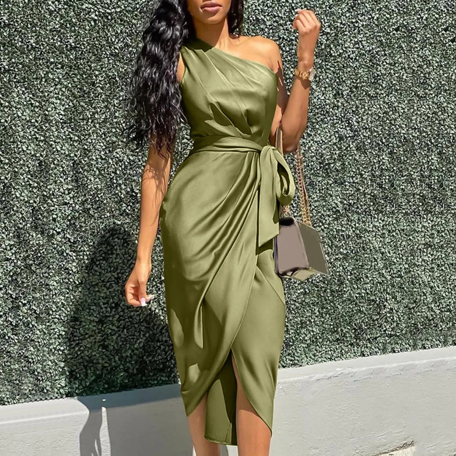 2024 Green Asymmetrical One Shoulder Satin Ruched Midi Dress