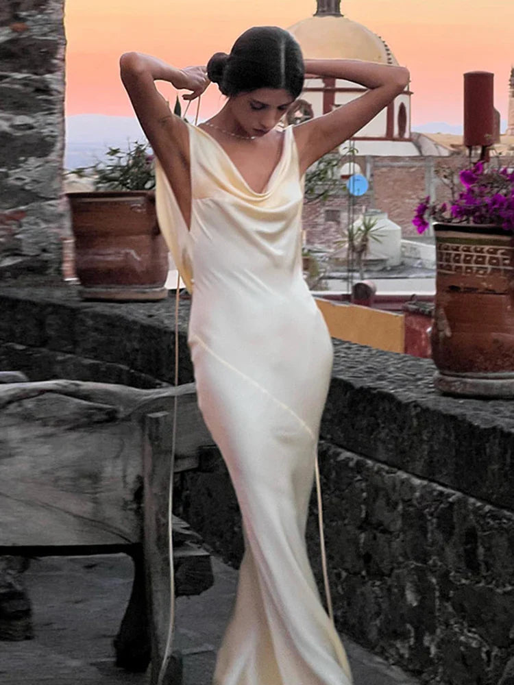 Sunny Evening Spaghetti Strap Backless Satin Maxi Dress
