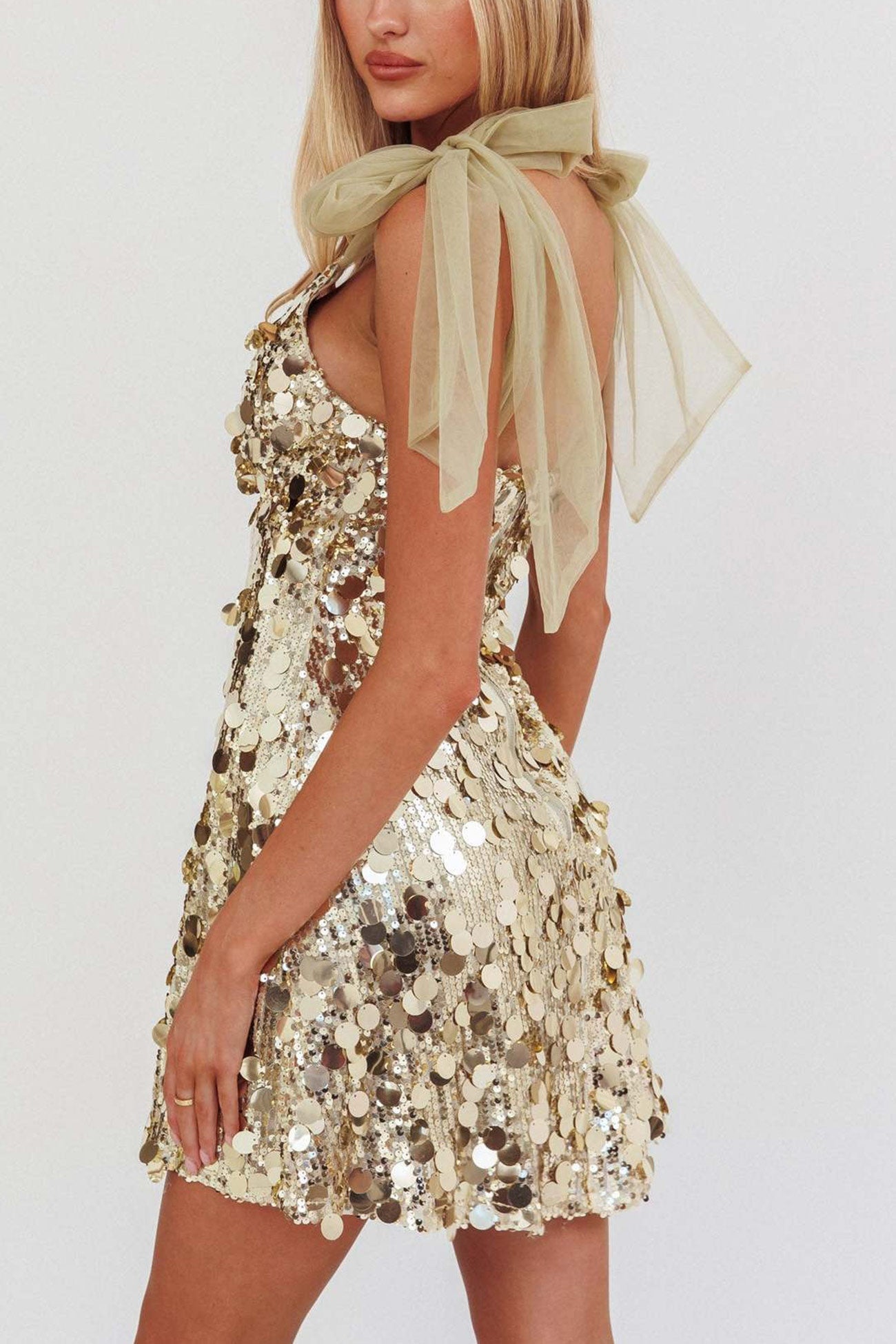 Tie up Low Cut Sequin Mini Dress
