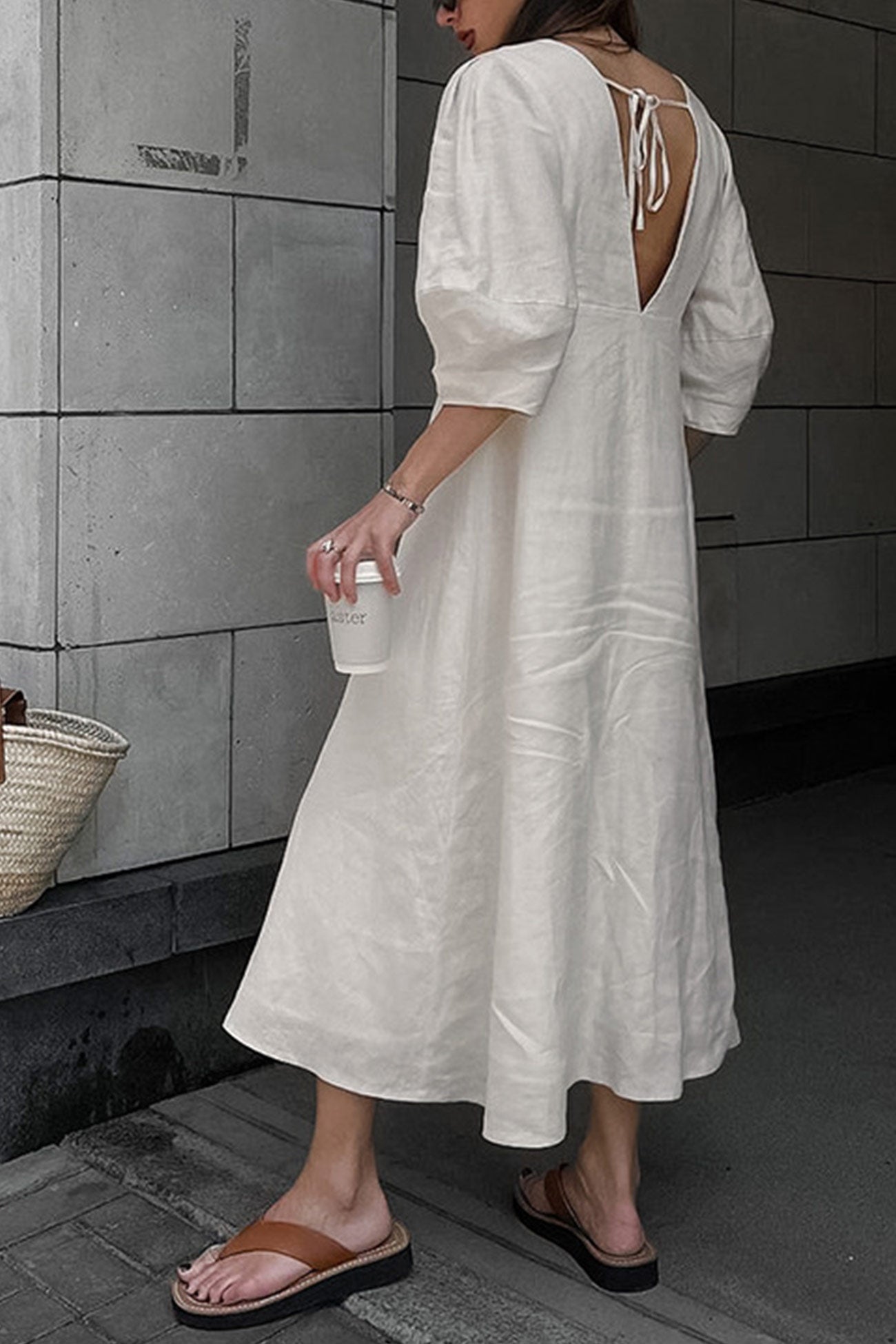 V Neck Single breasted Cotton Linen A line Dress