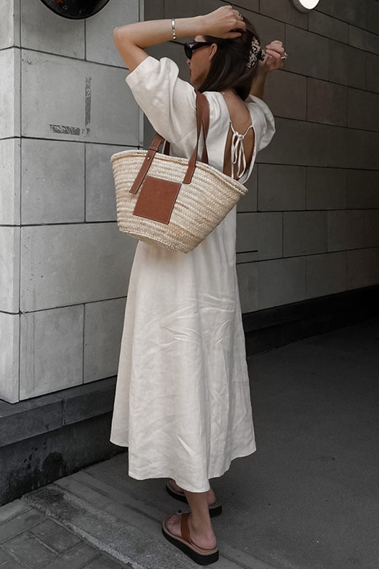 V Neck Single breasted Cotton Linen A line Dress