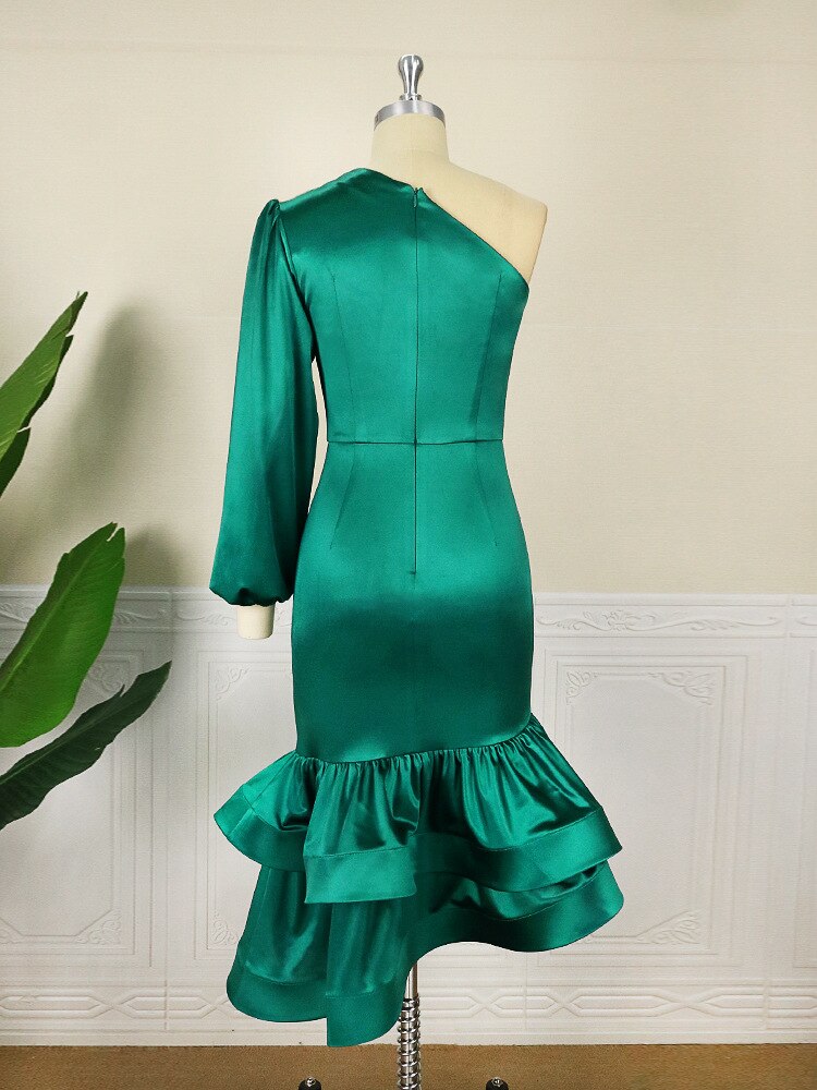 One Shoulder Evening Dress Diagonal Collar Long Sleeve Party Dress